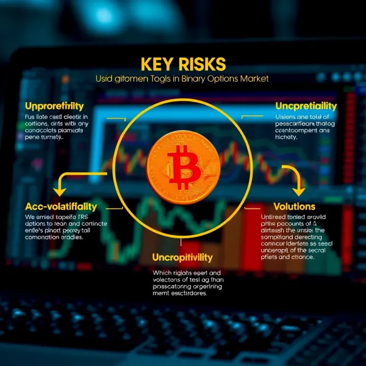 Conceptual graphic highlighting risks such as volatility and unpredictability in automated binary options trading