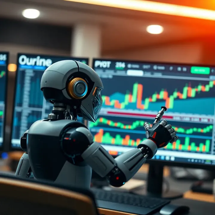 Illustration of a digital robot analyzing binary options trading charts on a computer screen