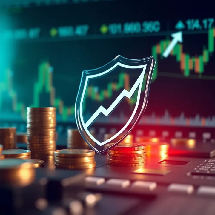 Secure investment concept with a shield and upward trending financial graph