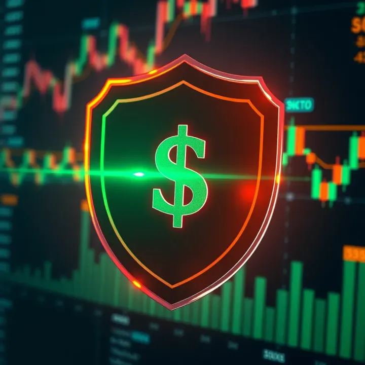 Secure investment concept depicting shield with dollar sign and digital financial graphs