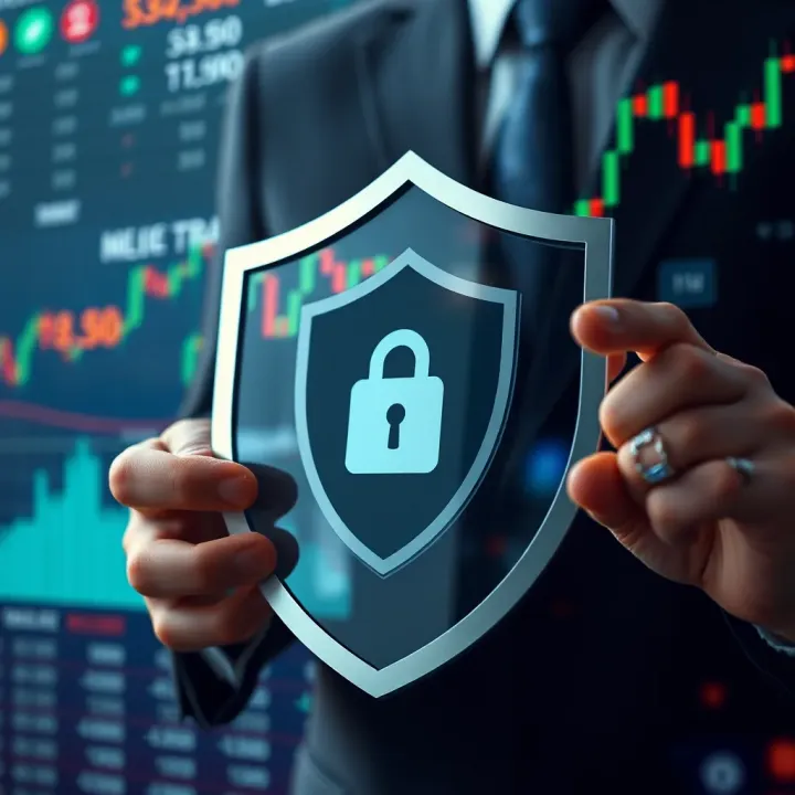 Secure financial transaction concept with shield and digital charts