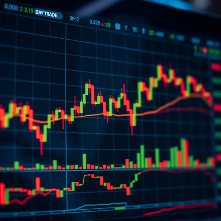 Graph displaying fluctuating stock prices representing day trading activity
