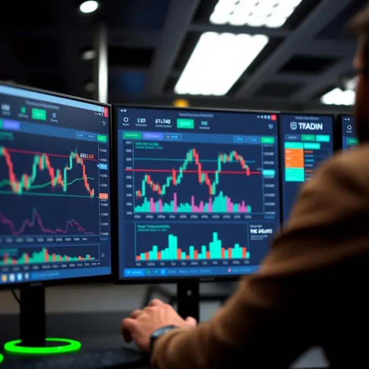 User interface of a trading simulation platform showing charts and trading tools