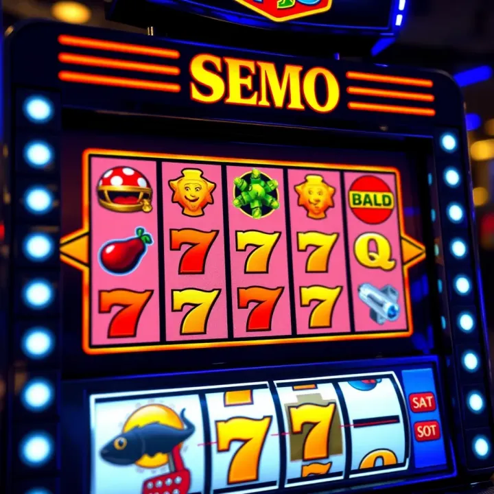 Illustration of a demo slot machine screen showing game symbols and payout lines