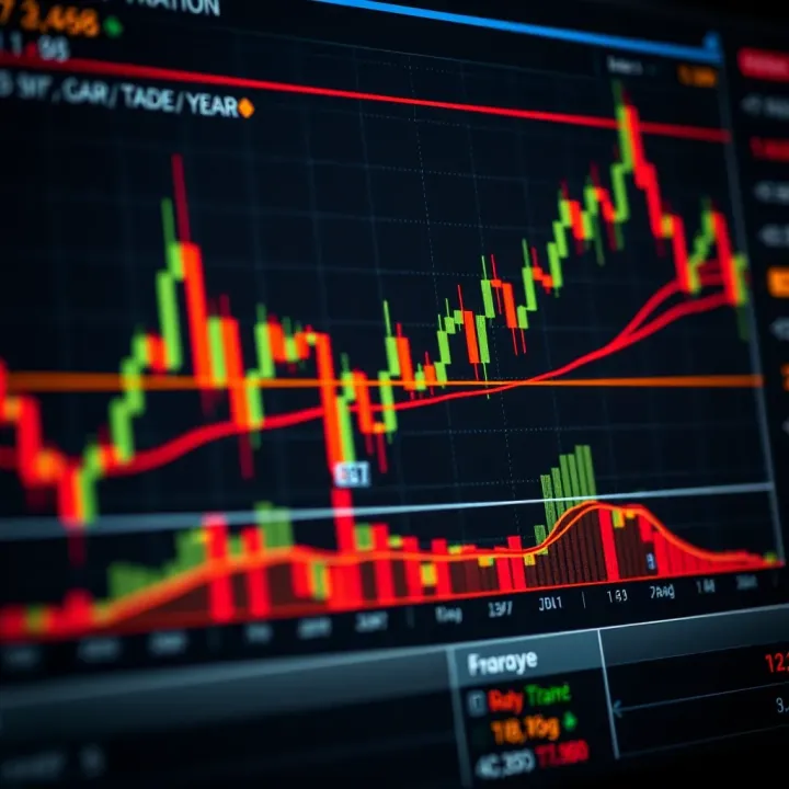 Graph showing candlestick patterns and technical indicators on a financial trading platform