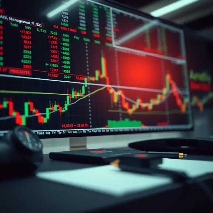 Conceptual illustration of risk management tools and charts displaying financial market data
