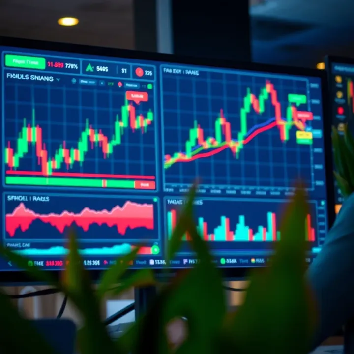 Illustration showing digital interface with financial charts and trading signals representing copy trading platforms