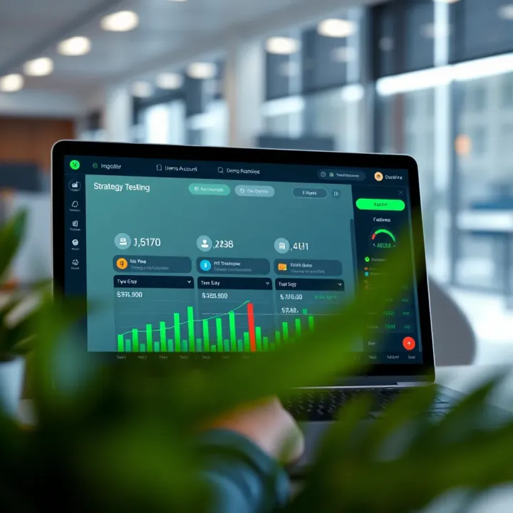 User interface of demo account highlighting risk-free strategy testing and market analysis features