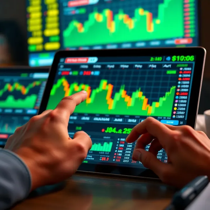 Illustration showing hands interacting with digital financial charts and economic data on a tablet