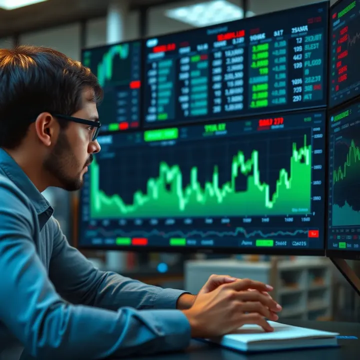 Investor analyzing virtual portfolio performance in a simulated stock market environment